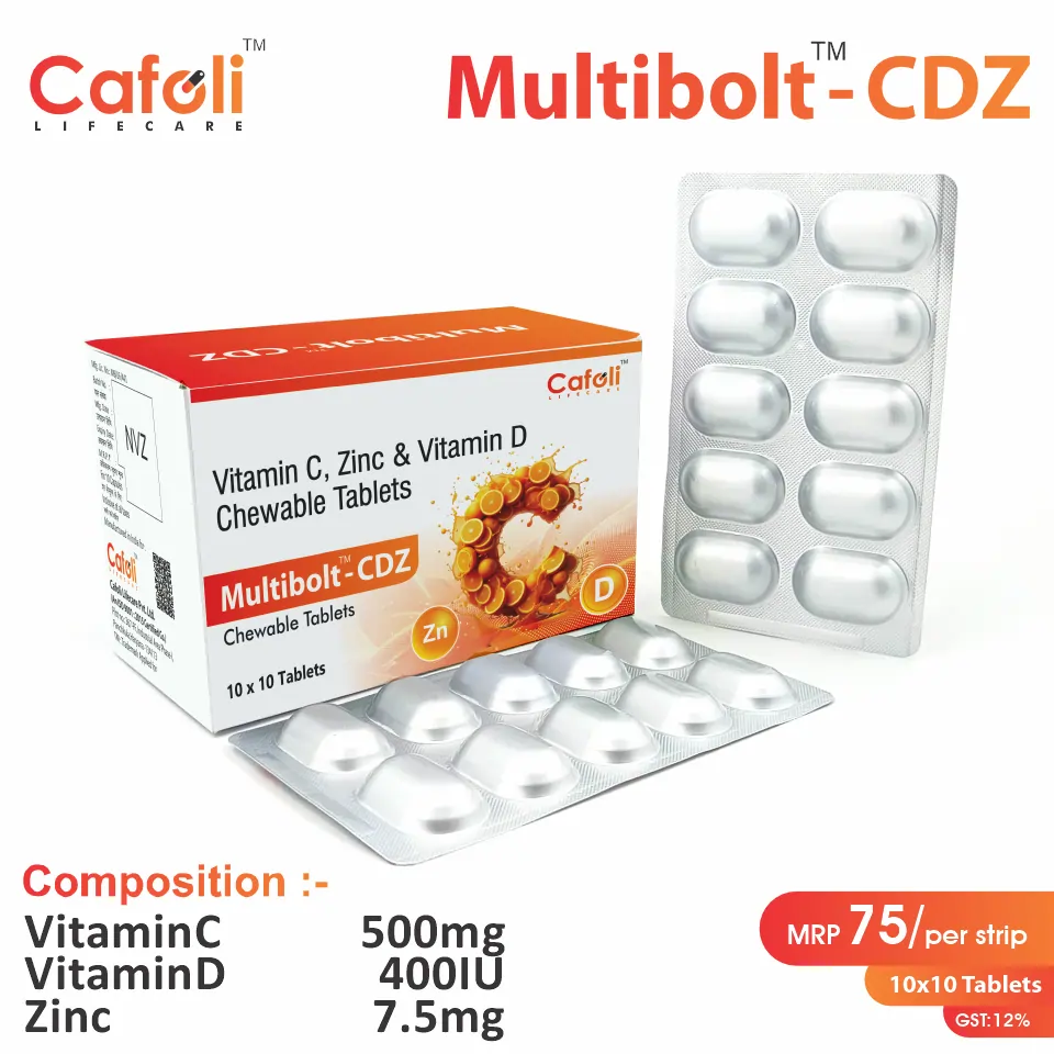 Vitamin C 500mg, Vitamin D 400 IU, Zinc 7.5mg Tablet at the best price in PCD Pharma Franchise for Immune Support.